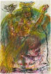 SUZANA LEVY (Rio 1937 / idem 2023)Técnica mista sobre papel, composição de forte expressão simbólica representando figura associada à entidade Ossaim, com traços gestuais, sobreposições cromáticas e paleta intensa. Linguagem expressiva e espiritualizada, típica da produção da artista, com presença de inscrições e assinatura. Obra de caráter contemporâneo e colecionável. Mede 30 x 21 cm.