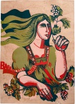 YARA TUPYNAMBÁ - Gravura antiga em serigrafia de Yara Tupynambá, representando Bárbara Heliodora  Estrela do Norte, da série Mulheres Célebres de Minas. Assinada a lápis pela artista e numerada 86/150. Composição figurativa em cores, com personagem feminina entre folhagens e frutos. Papel apresenta marcas do tempo e pontos de oxidação. Proteção de vidro transparente e moldura de metal cromado. Mede 48 x 66 cm.