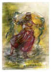 Suzana Levy (Rio de Janeiro, 1937  Rio de Janeiro, 2023)  Técnica mista sobre papel representando Oxumaré, entidade do universo afro-brasileiro associada ao movimento, à renovação e à dualidade. Com traço livre e composição expressiva, a artista utiliza cores vibrantes e gestuais para construir uma cena de forte simbolismo espiritual. Assinada na parte inferior. Obra que evidencia a sensibilidade poética e a pesquisa figurativa características de Suzana Levy. Apresenta marcas do tempo compatíveis com a técnica e suporte. Mede 21cm x 30cm.