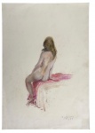 Suzana Levy (Rio de Janeiro, 1937  Rio de Janeiro, 2023)  Técnica mista sobre papel representando estudo de nu feminino sentado, visto de costas. A composição, de grande delicadeza e síntese formal, valoriza a figura humana por meio de traços suaves e modelagem sutil, com discretos acentos cromáticos em tons rosados. Assinada e datada de 1987. Obra de caráter intimista, revelando a sensibilidade da artista para o desenho e a observação da forma, característica marcante de sua produção. Mede 34cm x 50cm.