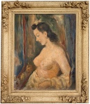 GAETANO MIANI (Troina, 1920 - Roma, 2009) - Obra em óleo sobre tela representando figura feminina em composição intimista, com pincelada solta e tonalidades suaves. No verso, etiqueta da Galleria dArte Gavioli (Milão), identificando o artista Gaetano Miani e o título da obra Ragazza allo Specchio, exposta em mostra realizada em 1945.  Protegida por magnifica moldura de madeira patinada com entalhes de florões nas extremidades. Medida da obra 55 x 45 cm. Medida total 63 x 73 cm.