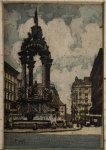 Antiga gravura aquarelada sobre papel-cartão, representando vista urbana de Viena, datada de 1923. A obra apresenta dedicatória manuscrita no verso (Christine Pernloener, Wien, 1923), conferindo caráter pessoal e documental à peça. Composição de delicado formato miniatura, destacando monumento arquitetônico em praça europeia. Apresenta marcas do tempo, oxidação e manchas próprias da idade-  Medida total 25x19cm
