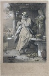 Importante gravura europeia do século XIX, intitulada Dora, representando cena romântica de inspiração clássica com casal em ambiente arquitetônico, rica em detalhes e delicado colorido de época. Impressa sobre papel, com título gravado na margem inferior e referências editoriais. Trabalho de refinada execução, característico das gravuras decorativas produzidas para colecionadores durante o período vitoriano. Apresenta acentuadas marcas do tempo, oxidação generalizada e pequenos desgastes nas bordas, compatíveis com a antiguidade da peça. Medida total 34x48cm.