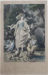 Elegante gravura europeia do século XIX, finamente colorida à mão, representando figura feminina em jardim cercada por pavões, cisnes, galinhas e outras aves ornamentais. Composição de caráter alegórico e decorativo, rica em detalhes e típica das estampas românticas destinadas à decoração de interiores. Peça sobre papel, montada em cartão antigo, apresentando intensa oxidação, manchas de umidade e desgastes compatíveis com a antiguidade, sem comprometer a leitura da imagem. Medida total 34x48cm.