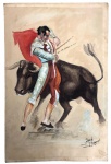 José Miquel  Cena de Tauromaquia- Aquarela sobre papel representando toureiro em movimento durante lide taurina, destacando-se pela espontaneidade do traço, cores vibrantes e composição dinâmica. Assinada no canto inferior direito por José Miquel. Obra de caráter decorativo e temática espanhola, captando com expressividade a tradição das touradas. Apresenta marcas do tempo, manchas e leves desgastes compatíveis com a idade e natureza do suporte. Medidas total 35 x 23cm.