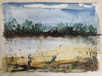 Paisagem  assinada e datada de 1987 . Aquarela sobre papel representando paisagem lacustre com vegetação ribeirinha, executada em linguagem contemporânea de traço livre e gestual. Composição marcada pela transparência das cores, pinceladas espontâneas e equilíbrio cromático entre tons de azul, verde e ocre. Assinada no canto inferior direito e datada de 1987 no verso, com anotação manuscrita indicando sem título. Apresenta marcas do tempo e leves ondulações próprias da técnica e do suporte. Possui perda- Medida total 30x40.