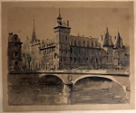 Herbelot França  Paris, La Conciergerie - Aquarela sobre papel representando vista da histórica Conciergerie, em Paris, às margens do Rio Sena. Executada em tonalidades sóbrias e elegantes, a composição destaca a arquitetura monumental e a atmosfera urbana da capital francesa por meio de pinceladas livres e síntese formal características do artista. Assinada e identificada no campo inferior como Paris, La Conciergerie. Apresenta marcas naturais do tempo e leves desgastes nas bordas do suporte. Medida total 32x37cm.