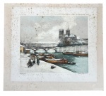Aquarela sobre papel representando paisagem parisiense de inverno, com embarcações no Rio Sena e, ao fundo, a silhueta da Catedral de Notre-Dame. Executada em delicada paleta de tons frios, a composição transmite atmosfera serena e poética, característica das vistas urbanas europeias. Assinatura não identificada no canto inferior direito. Apresenta oxidação, manchas e marcas do tempo compatíveis com a antiguidade e natureza do suporte. Medidas totais: 50x57cm.