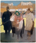 MARIO ZAVATTARO (Gênova, Itália, 1876  Buenos Aires, Argentina, 1932). Cena de mercado, técnica mista sobre cartão, assinada no canto inferior esquerdo. Composição de caráter expressionista, retratando personagens populares em ambiente urbano. Emoldurada. Medidas: 57 x 66 cm.