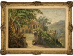 GENÊ BATALHA  Imponente obra em óleo sobre tela representando paisagem com exuberante vegetação e casario ao fundo, assinado no canto inferior esquerdo, localizado Rio, datada 1958. Protegida por magnifica moldura de madeira adornada com florões nas extremidades e acabamento em folha de ouro. Medida da obra: 74 x 92 cm. Medida total: 94 x 112 cm.