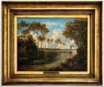 W. STEVENSON. Escola inglesa, século XIX. Paisagem fluvial, óleo sobre tela, representando curso dágua com árvores, embarcação à vela e aves, identificada por placa. Acompanha elegante moldura em madeira entalhada e dourada, de época, com acabamento em folha dourada, valorizando o conjunto. Placa de metal dourado com nome e data. Medida da obra: 46 x 62 cm. Medida total: 67 x 81 cm.