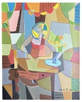 CLAUDIO FACIOLLI (São Paulo, 1955). Esperando na Janela. Acrílica sobre tela, assinada no canto inferior direito, intitulada e datada no verso, Rio de Janeiro, 2026. Composição de caráter cubista, representando figura feminina em ambiente interno, marcada por cores vibrantes e formas geométricas. Medidas: 100cm  80cm. Acompanha certificado de autenticidade cedido pelo artista.