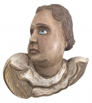 BAHIA SÉC. XIX. Magnifica escultura sacra em madeira policromada, representando cabeça de anjo querubim, com olhos ricamente pintados e resquícios da policromia original. Trabalho de caráter religioso, provavelmente dos séculos XIX, com sinais compatíveis de uso e do tempo. Medidas: 25 x 25 cm.
