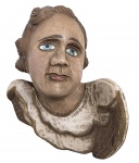 BAHIA SÉC. XIX. Magnifica escultura sacra em madeira policromada, representando cabeça de anjo querubim, com olhos ricamente pintados e resquícios da policromia original. Trabalho de caráter religioso, provavelmente dos séculos XIX, com sinais compatíveis de uso e do tempo. Medidas: 25 x 25 cm.