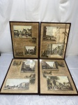 Conjunto de quatro quadros decorativos com molduras em madeira e vidro, apresentando reproduções de litografias e textos em francês da série histórica "Paris il y a cent ans", ilustrando cenas urbanas e arquitetônicas da Paris antiga. Medindo 39,5cm x 29,5cm.