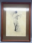 QUADRO  - Pintura a carvão sobre cartão, representando Minino com Pipa. Med. 59x45 cm. Assinatura não identificada. Envidraçado e emoldurado. Marcas do tempo e de uso.