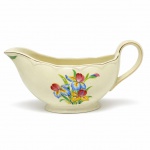 FAIANÇA - Parte de grande coleção de Molheiras - Bela molheira faiança inglesa, branca, decorada com flores policromadas e frisos dourados. Med. 10x21x7 cm. Marcas do tempo e desgastes.