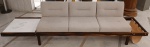 Movel design no estilo contemporâneo ao gosto - JORGE ZALSZUPIN - Belíssimo Sofá Anos 60 com estrutura em jacarandá, estofado com tecido, em uma lateral com revisteiro em couro natural e no outro com mármore, em ótimo estado de conservação, apresenta plaquinha da CEPLAC com numeração. Medidas: Alt. 78 X 300 X 74 cm.