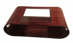 Móvel Design no estilo contemporâneo ao gosto:                                                                         JORGE ZALZUPIN - Mesa de centro dupla, laminado em madeira jacarandá.                              Com montagem vidro no centro.                                                                                                  Medidas:  Alt. 32 X 125 X 75 cm.