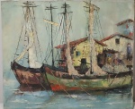 Pintura a óleo sobre tela retratando marinha com barcos ancorados, não apresenta assinatura. Medidas: Alt. 50 x 60 cm.