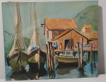 Pintura a óleo sobre tela retratando marinha com barcos ancorados e casario, não apresenta assinatura. Medidas: Alt. 46 x 55 cm.