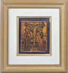 RUSSIA - SÉC.XVIII/XIX - Antigo ícone russo representando a Crucificação de Cristo, ladeado pela Virgem Maria e João Evangelista. Têmpera e douração a ouro sobre madeira. Mede 13 x 11 cm. emoldurado. Medida total: 31 x 29 cm.