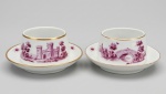 BARÃO DO RIO BRANCO - Anos 60 - Par de antigas molheiras em porcelana branca com prato acoplado, ambas pintadas a mão com paisagens palacianas em esmaltes rosa. Marca e assinatura do artista no fundo e datadas 60. Med. 11 x 05 cm.