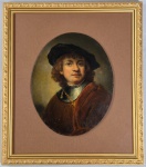 GIUSEPPE GIANNINI (Itália, Séc.XIX) - D'aprés Rembrandt Van Rijn (1606-1669) - Auto retrato. Pintura óleo sobre cartão, sem assinatura. Séc. XIX/XX. Med. 21.5 x 17.5 cm. Moldura NOVA. Total: 33.5 x 29.5 cm.