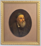 GIUSEPPE GIANNINI (Itália, Séc.XIX) - D'aprés Tiziano Vecelli (1477-1576) - Auto retrato. Pintura óleo sobre cartão, sem assinatura. Séc. XIX/XX. Com carimbo do artista no verso. Localizado Venezia 1900 a caneta. Med. 21.5 x 17.5 cm. Moldura NOVA. Total: 33.5 x 29.5 cm.