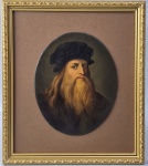 GIUSEPPE GIANNINI (Itália, Séc.XIX) - D'aprés Leonardo Da Vinci (14521519) - Auto retrato. Pintura óleo sobre cartão, sem assinatura. Séc. XIX/XX. Com carimbo do artista no verso. Localizado Venezia 1900 a caneta. Med. 21.5 x 17.5 cm. Moldura NOVA. Total: 33.5 x 29.5 cm.