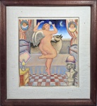 MAXIMINO JAVIER (México,1948) - "Cena Surrealista", pintura à guache, aquarela e lápis sobre papel, assinada na parte inferior, datado 3-85 e localizado Guadalajara. Med. 25 x 22 cm. Moldura em madeira original com paspatur e fundo em linho. Med. 39 x 36 cm. Considerado um dos mais importantes artistas mexicanos, é celebrado por sua mistura imaginativa de fantasia, tradição folclórica e forma contemporânea, foi membro fundador da Oficina Rufino Tamayo em Oaxaca. Em suas gravuras e pinturas, Javier combina um senso lúdico de imaginação com uma sutil reflexão social. Seus personagens podem surgir de lendas locais ou de histórias inventadas por ele mesmo, equilibrando o fantasioso com uma profundidade alegórica. Suas obras atualmente estão nas coleções do Continental Bank, Phillip Morris Corp, Banco Nacional do Mexico, Museu de Arte Contemporânea de Chicago, Coleção Ben Nordemann, NY. entre outras. LEIA MAIS E VEJA COTAÇÕES ---- https://www.arterelievegaleria.com/maximino-javier/ --- https://www.invaluable.com/artist/javier-maximino-tis2vwm142/sold-at-auction-prices/?srsltid=AU7gw4X1DT5YaAjkDq6PriA2Q46Tcuj40AGSdSMVUyNR0PxGh05XfT8l   ---- https://artsmartgallery.mx/product-category/autores/maximino-javier/