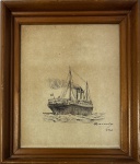Autor não identificado. Navio. Nanquim. 18,5 x 14 cm. 1920. Medida total com a moldura: 24 x 20 cm