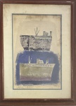 Autor não identificado. Navios. Técnica mista sobre papel. 45 x 30 cm. 1989. Medida total com a moldura: 66 x 52 cm. No estado.,