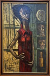 Inos Corradin (1929-2025). Mulher de vestido vermelho com ex-votos. Óleo sobre tela. 109 x 70 cm. Medida total com a moldura: 119 x 80 cm. Datado: 1967