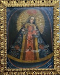 Arte Colonial Peruana - Cusquenho representando "Nossa Senhora do Rosário", Óleo sobre Tela, 78 x 60 cm. Medida total com a moldura: 96 x 77 cm. Século XIX.  Esta obra pertenceu ao acervo da coleção Ivani e Jorge Yunes e está catalogada no  livro A Arte Colonial Peruana - Manuel Julio Vera Del Carpio (Pesquisador e divulgador da arte peruana no Brasil).