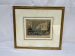 Gravura antiga colorida representando "Eros and Piccadilly Circus, London", com cena urbana noturna, ônibus tradicionais e transeuntes, emoldurada em madeira dourada com paspartu de época. Medindo a moldura 32cm x 28cm.