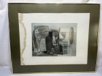 Quadro com gravura abstrata de autoria não identificada, datada de 1983 e intitulada "Sobre heróis", apresentando manchas de umidade pronunciadas na borda esquerda do paspatur verde, acondicionado em moldura de metal dourado com vidro. Medindo 66,5cm x 61,5cm.