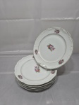 Schmidt - Jogo de 6 pratos rasos de mesa em porcelana floral com friso ouro e relevos na borda. Medindo 24,5cm de diâmetro. Desgaste no friso.