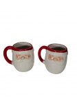 Par de canecas em cerâmica com motivo natalino de Papai Noel e esmalte craquelado. Apresentam fios de cabelo. Marcas do tempo. -dim- 10cm A.