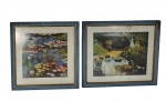 Lote com 2 quadros com reproduções de pinturas de Claude Monet (Nenúfares e Cena de Jardim), em molduras azuis com friso dourado e vidro. No estado. Marcas do tempo. -dim- maior 37x33cm.
