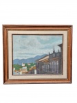Pintura a óleo sobre tela representando cena de canal com barcos e casario, com moldura de madeira. Marcas do tempo. -dim- 70x60cm.