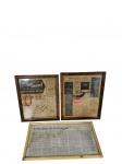 Lote com 3 quadros com recortes de jornal do `Bar do Zé`, incluindo anúncios de época e a matéria `As Façanhas do Zé Português`. Molduras de madeira com vidro. Marcas do tempo. -dim- menor 28x35cm.