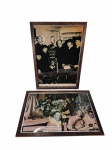 Lote com 2 quadros com fotografias do `Bar do Zé` — `Os Beatles... e o publicitário carioca Zé Amaral` e `Zé Cuíca roubando a cena na homenagem ao jornalista Luís Alberto Bahia`. Molduras de madeira, sem vidro. Marcas do tempo. -dim- 48x33cm.