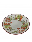 Tigela em porcelana pintada à mão com motivos vegetais e de frutas, sobre fundo branco, com borda vermelha. -dim- 24cm D.