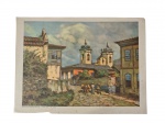 Reprodução da pintura representando a belíssima Igreja de Nossa Senhora do Pilar, em Ouro Preto MG — obra de grande charme e valor histórico-cultural. Marcas do tempo. -dim- 33x24cm.