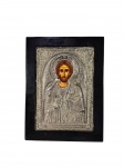 Ícone ortodoxo representando Jesus Pancrator , período Russa Imperial  produido em prata de Lei 925 , selo ao fundo  - dim- 15x19cm.