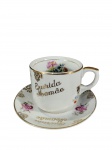 STEATITA | Xícara para chá Querida Mamãe com pires em porcelana branca. -dim- Pires 15cm D. Xícara 7,5cm A.