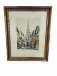 Quadro com bela pintura em aquarela representando uma rua com uma igreja ao fundo. Possui moldura de madeira e vidro. -dim- 29x37cm.