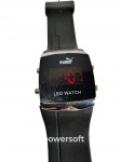 Puma | Relógio de pulso digital LED Watch, produzido em metal prateado e pulseira em plástico preto. Funcionando, sem garantias futuras.