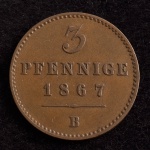 Moeda Estrangeira, WALDECK - PYRMONT - Estado Alemão, Valor 3 Pfennig, Ano 1867 B, Bronze, Soberba/Flor de Cunho..